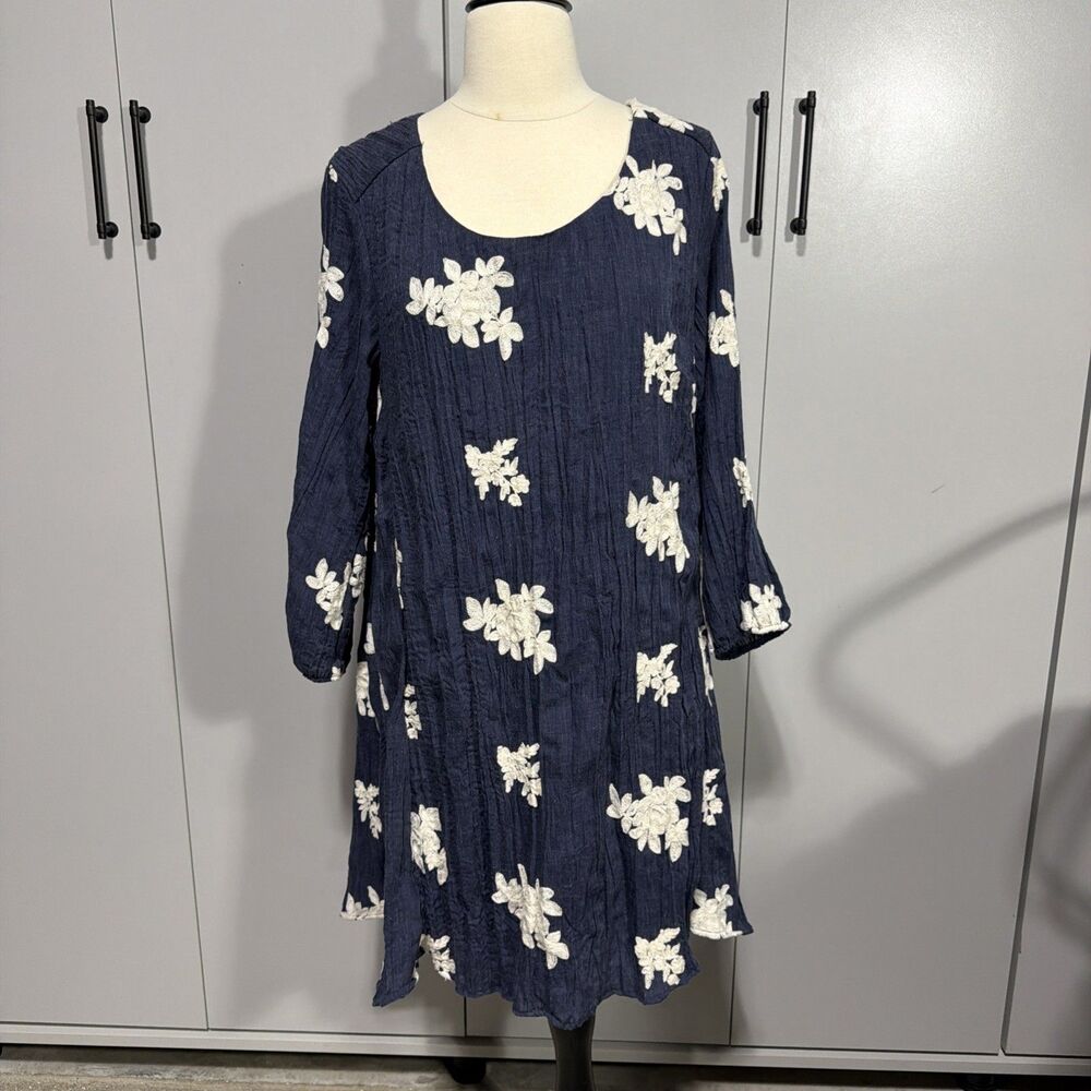 Beige by ECI Blue White Floral Embroidered Dress Large Boho Cottagecore Lined